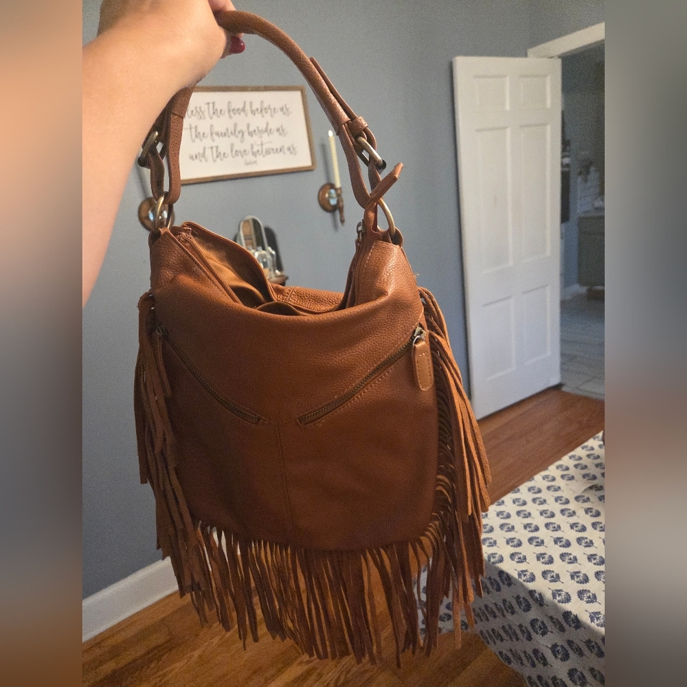 Fringe Tan Leather Hobo Bag Concealed Weapon Locked Holder